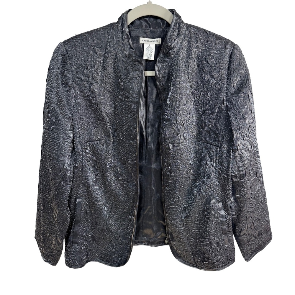 Vintage Laura Ashley Jacket Textured Metallic Zip Up Women's S Gray Boho Y2K